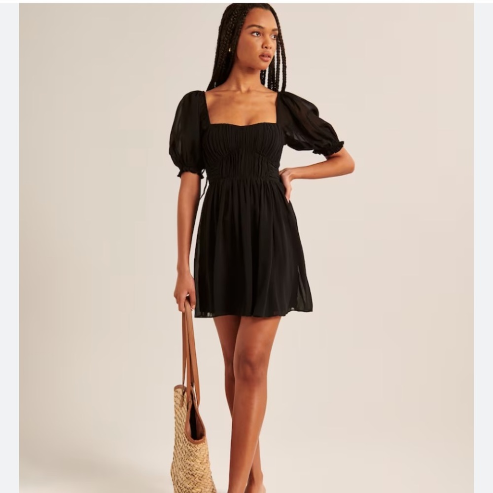 Abercrombie & Fitch Ruched Ruffle Puff Sleeve Mini Dress Black Size Small S - Picture 1 of 3